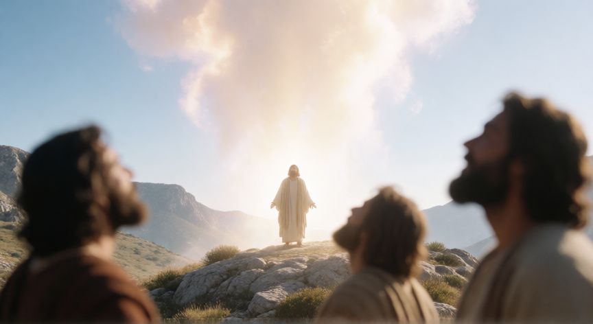 qué ocurrió durante la transfiguración, Vista de los discípulos contemplando la luz divina en el monte de la transfiguración