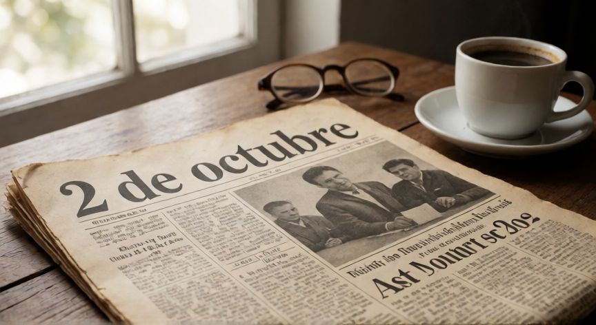 que ocurrio el 02 de octubre de 1968, Periódico antiguo fechado el 2 de octubre de 1968 sobre una mesa con luz natural