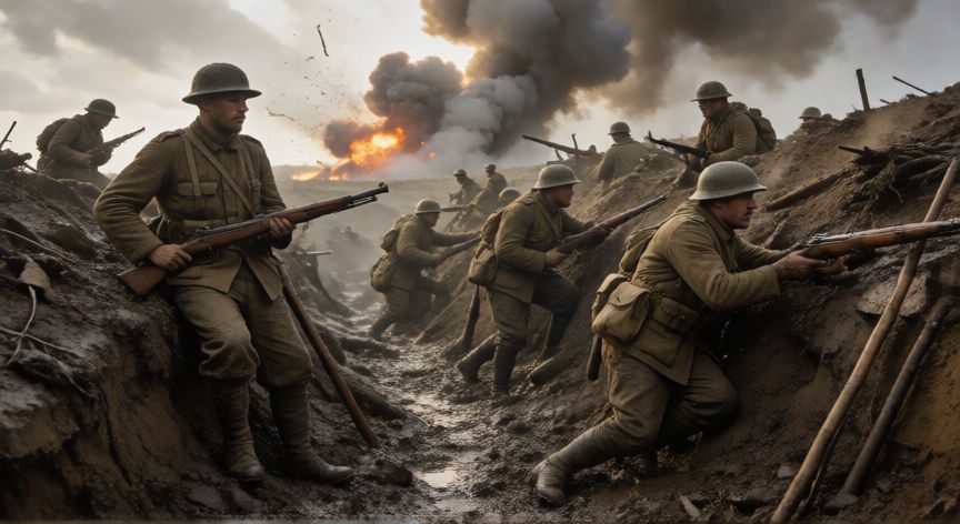 que ocurrio el 07 de octubre, Soldados en una trinchera durante la Primera Guerra Mundial en 1918