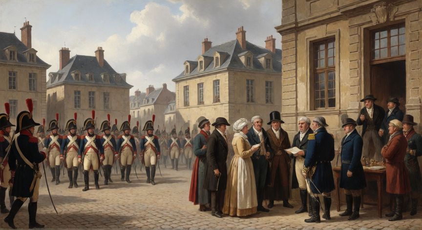 qué ocurrió el 2 de agosto de 1810, Escena histórica de una plaza europea en 1810 con soldados napoleónicos y civiles discutiendo política