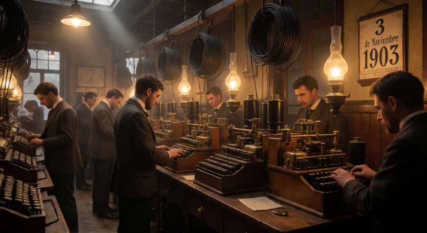 qué ocurrió el 3 de noviembre de 1903, Oficina de telégrafo histórica en 1903 con operadores trabajando