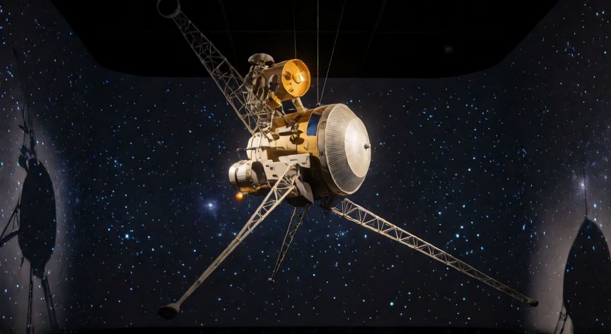 qué ocurrió el 4 de diciembre de 1977, Maqueta de sonda espacial estilo años 70 con fondo estelar