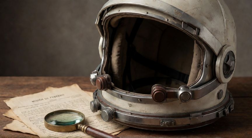 qué ocurrió el 4 de febrero, Casco de astronauta antiguo sobre una mesa con documentos históricos