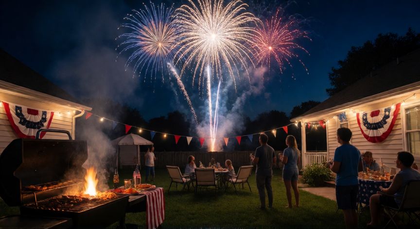 qué ocurrió el 4 de julio en estados unidos, Celebración del 4 de julio con fuegos artificiales y barbacoa en EE.UU.