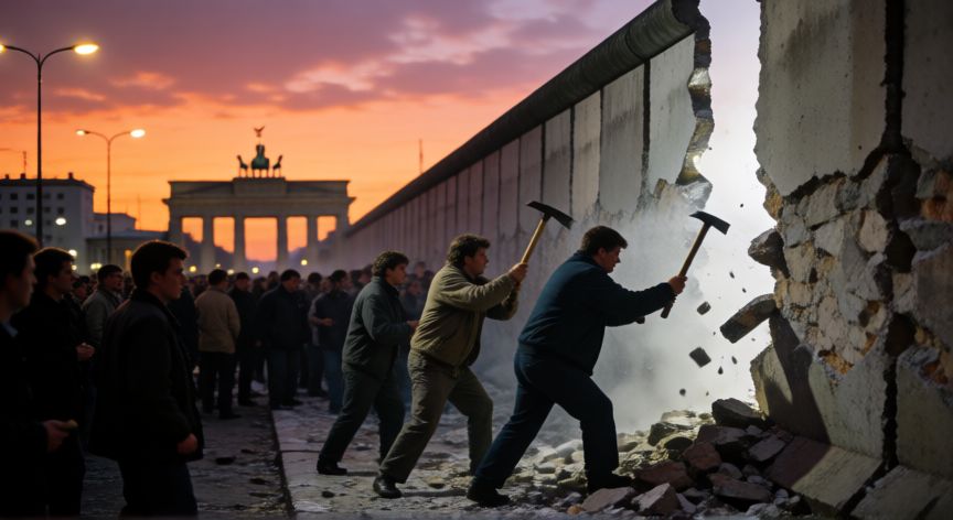 qué ocurrió el 4 de noviembre, Colapso del Muro de Berlín en 1989 con multitud celebrando el histórico momento