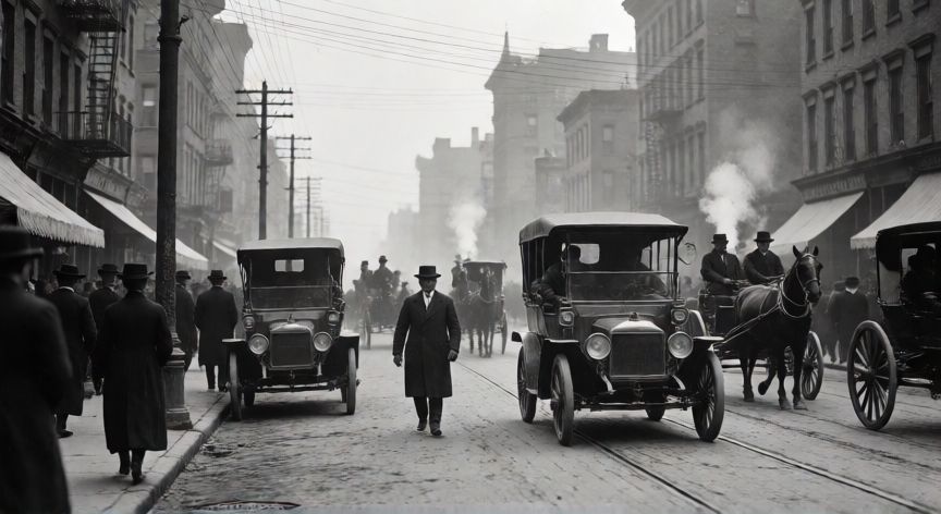 qué ocurrió el 5 de noviembre de 1903, Calle concurrida en una ciudad estadounidense de 1903 con coches y carruajes