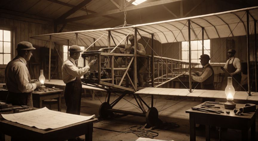 qué ocurrió el 5 de noviembre de 1903, Taller de aviación temprana con ingenieros examinando un biplano