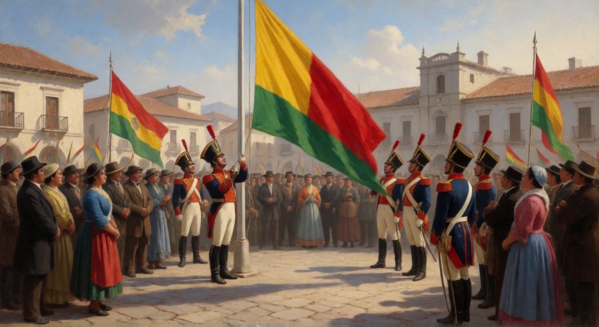 qué ocurrió el 6 de agosto de 1825 en bolivia, Ceremonia de izamiento de la bandera tricolor en la plaza principal