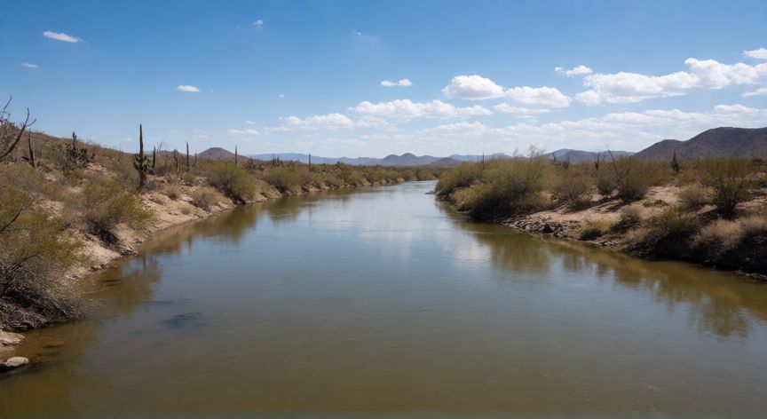 qué ocurrió el 6 de agosto de 2014 en el río sonora, Vista panorámica realista del Río Sonora serpenteando por el desierto de Sonora bajo un cielo azul