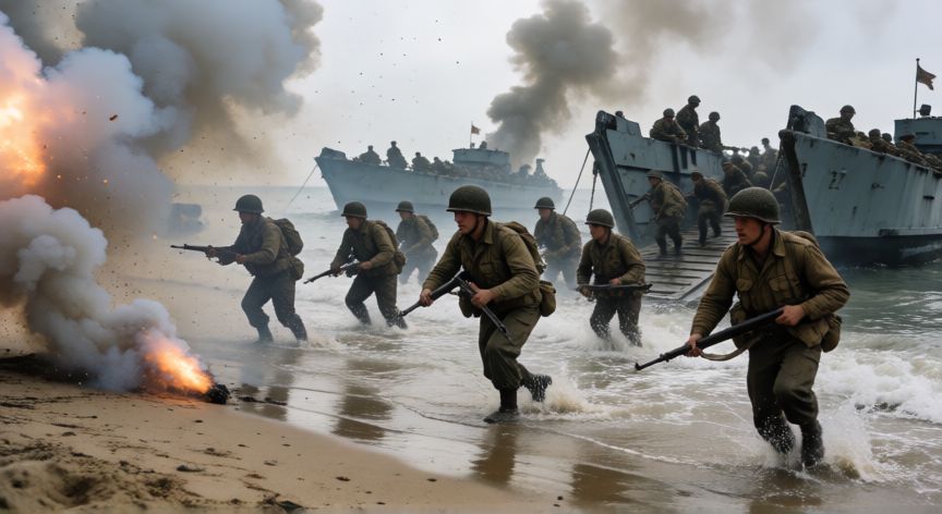 qué ocurrió el 6 de junio de 1944, Soldados aliados desembarcando en las playas de Normandía bajo fuego enemigo