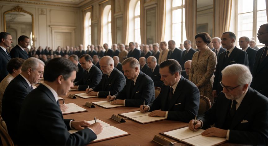 que ocurrio el 6 de octubre, Firma del Acuerdo de París en un salón diplomático histórico