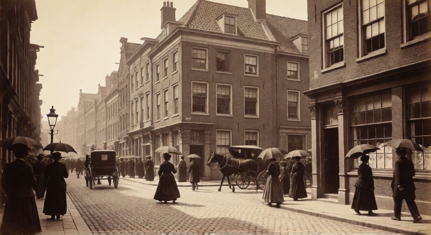 qué ocurrió el 7 de junio de 1880, Callejón histórico europeo de la década de 1880 con transeúntes y carruajes