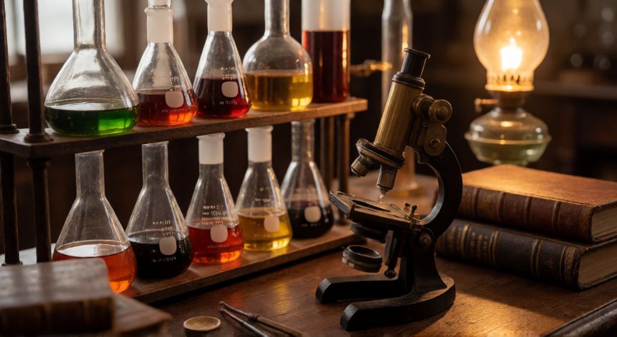 qué ocurrió el 7 de junio de 1880, Laboratorio científico victoriano con microscopio y frascos de vidrio