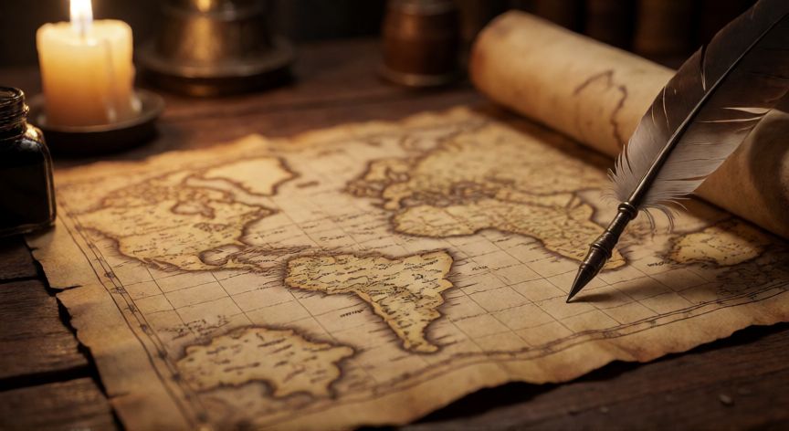 qué ocurrió el 8 de noviembre de 1519, Mapa antiguo y pluma de escritura en mesa de madera