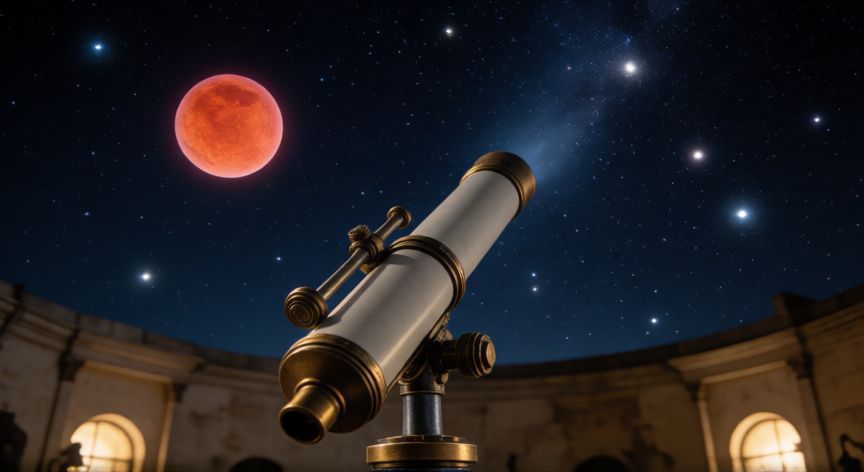 que ocurrio el 8 de octubre, Telescopio antiguo apuntando al cielo nocturno con Plutón en la distancia
