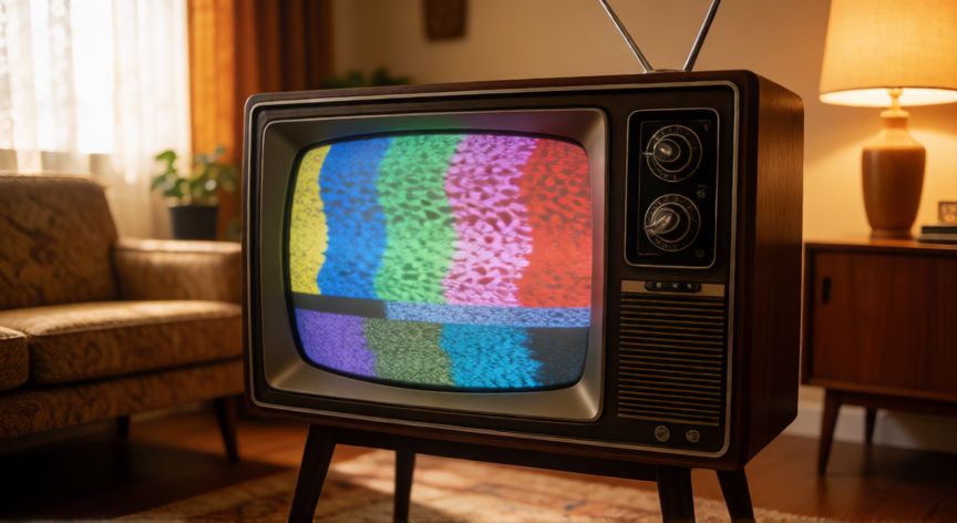 que ocurrio el 8 de octubre, Televisor antiguo de los años 60 mostrando colores en una sala de estar acogedora