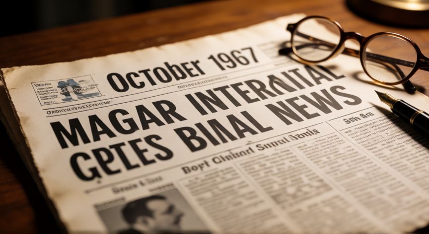 que ocurrió el 8 de octubre de 1967, Periódico antiguo sobre un escritorio de madera representando la actualidad de 1967