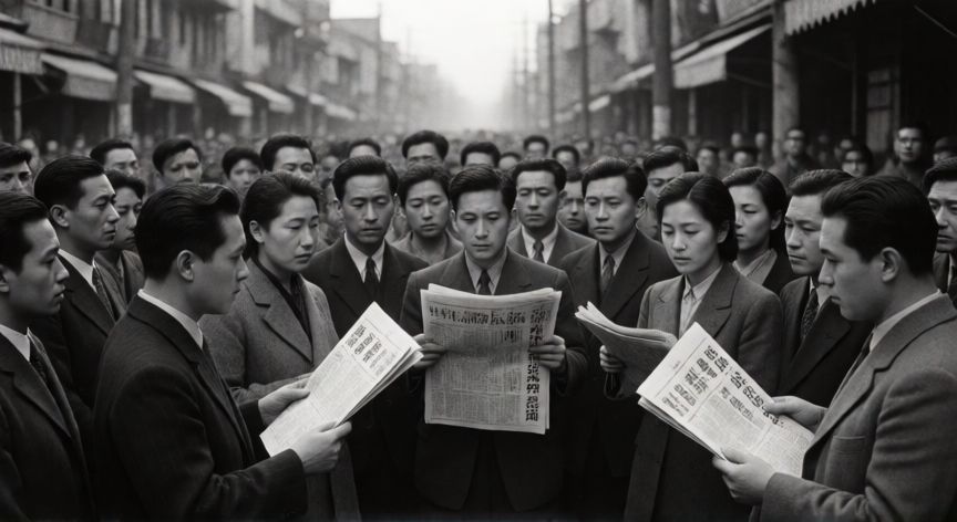 que ocurrio el 8 de septiembre, Multitud en las calles de Tokio escuchando el anuncio de rendición de Japón en 1945