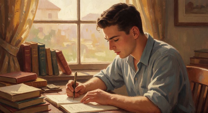 que ocurrio el 8 de septiembre, Escritor joven escribiendo en un escritorio con luz cálida, representando a John Steinbeck