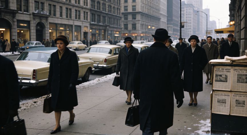 qué ocurrió el 9 de enero de 1964, Escena urbana en Estados Unidos en enero de 1964 con peatones y periódicos mostrando titulares sobre derechos civiles