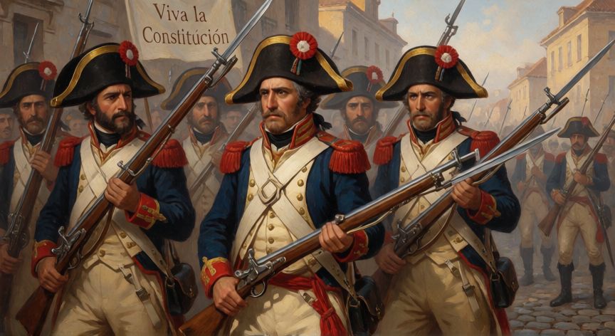 qué ocurrió el 9 de octubre de 1820, Soldados sublevados por Rafael del Riego el 9 de octubre de 1820 exigiendo la Constitución.