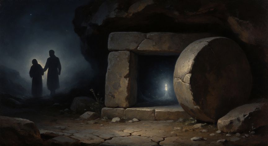 qué ocurrió el sábado santo, Pintura al óleo del sepulcro vacío con luz mística saliendo hacia la oscuridad