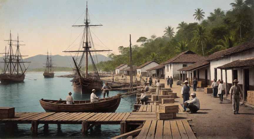 qué ocurrió en 1894 con respecto a la costa caribe de nicaragua, Costa caribeña de Nicaragua en 1894 con puerto colonial y barcos históricos