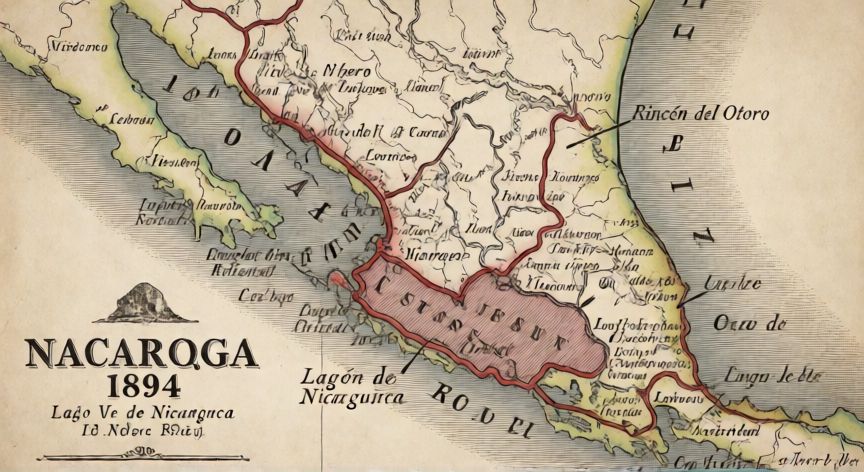 qué ocurrió en 1894 con respecto a la costa caribe de nicaragua, Mapa histórico de Nicaragua en 1894 mostrando la ruta propuesta del canal interoceánico