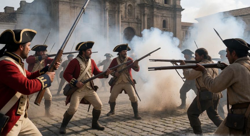 qué ocurrió en quito el 10 de agosto de 1809, Escena de batalla en la plaza de la Bahía durante la defensa de Quito