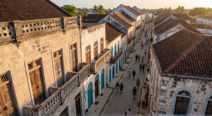 qué ocurrió en zangara, Vista aérea de Stone Town en Zanzíbar con sus calles estrechas y arquitectura histórica