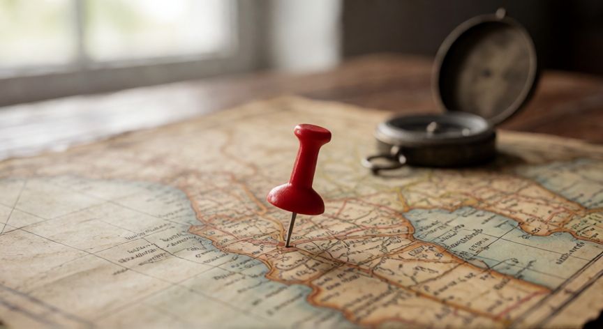 qué ocurrió en zangara, Mapa antiguo con un marcador rojo indicando una ubicación en una mesa de madera