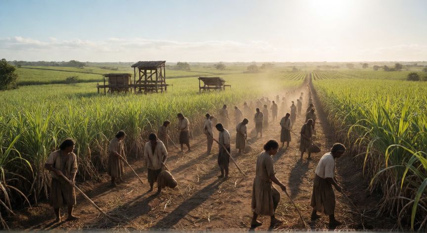 qué ocurrió tras el fin de la encomienda, Paisaje de plantación colonial con trabajadores diversos en el siglo XVI