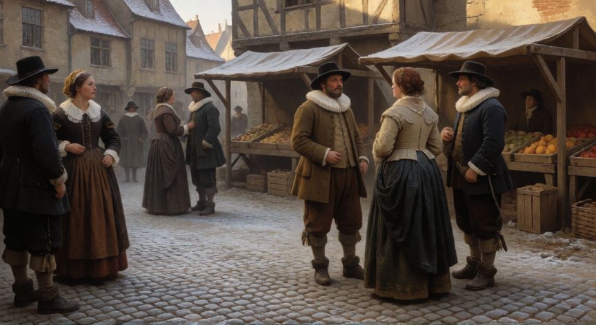 qué ocurrió un 13 de noviembre de 1655, Escena histórica de una plaza europea en noviembre de 1655 con mercaderes y arquitectura antigua