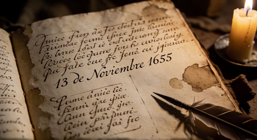 qué ocurrió un 13 de noviembre de 1655, Libro de registros histórico antiguo con la fecha 13 de noviembre de 1655 escrita a mano