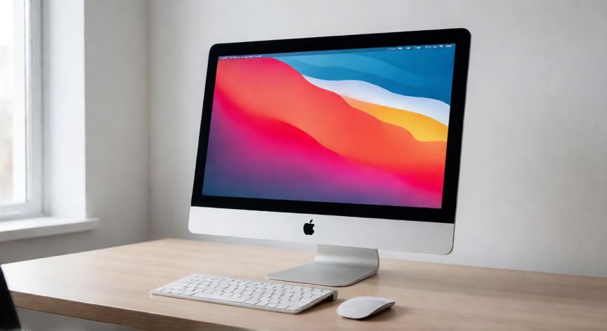 que ordenador apple comprar, Setup de escritorio moderno con un iMac Apple y accesorios blancos