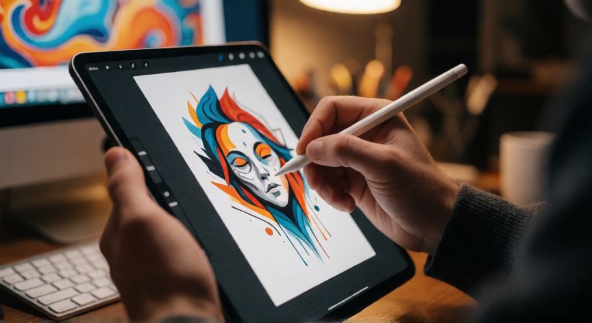 que ordenador apple comprar, Persona usando un iPad Pro con lápiz Apple para dibujar arte digital