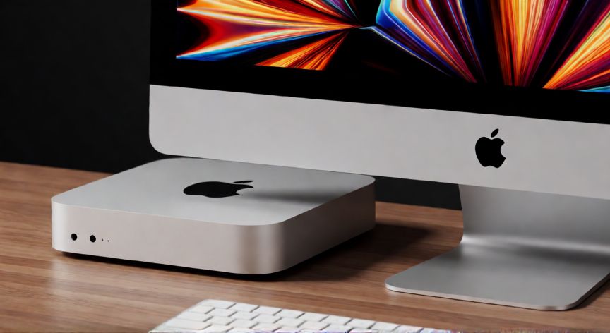 que ordenador apple es mejor, Vista cercana de un Mac Studio y un iMac en un escritorio de madera