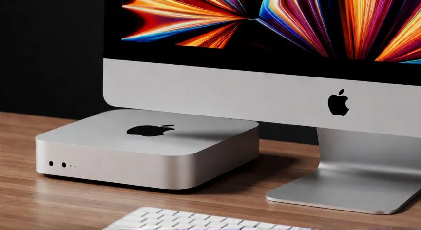 que ordenador apple es mejor, Vista cercana de un Mac Studio y un iMac en un escritorio de madera