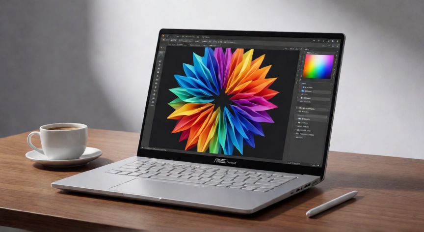 que ordenador asus comprar, Portátil ASUS ProArt abierto sobre un escritorio de madera mostrando diseño gráfico
