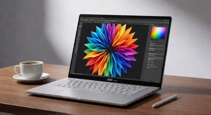 Portátil ASUS ProArt abierto sobre un escritorio de madera mostrando diseño gráfico