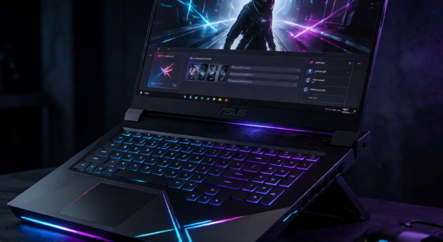 que ordenador asus comprar, Ordenador portátil ASUS ROG con iluminación RGB en una habitación oscura
