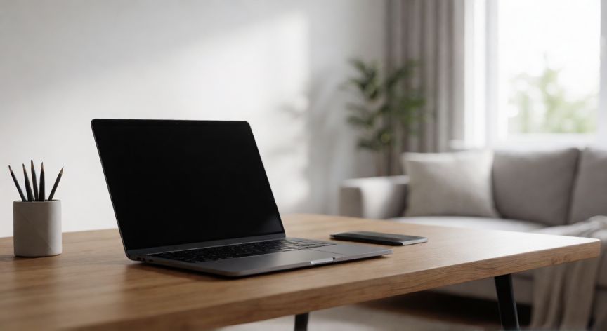 que ordenador comprar para casa, Portátil moderno en una mesa de escritorio doméstico minimalista