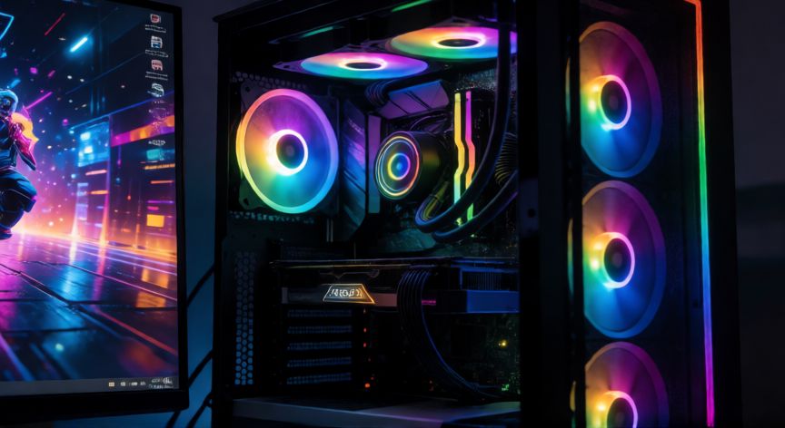 que ordenador comprar para casa, Torre de ordenador de sobremesa con iluminación RGB y monitor en una habitación oscura