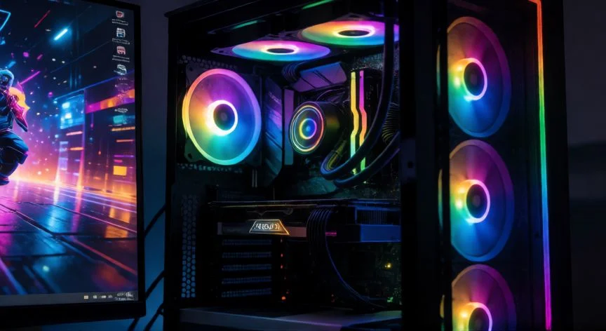 que ordenador comprar para casa, Torre de ordenador de sobremesa con iluminación RGB y monitor en una habitación oscura