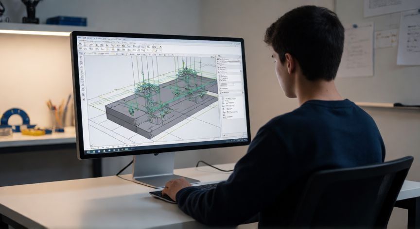 que ordenador comprar para ingenieria, Estudiante de ingeniería trabajando con software CAD en un ordenador de escritorio potente