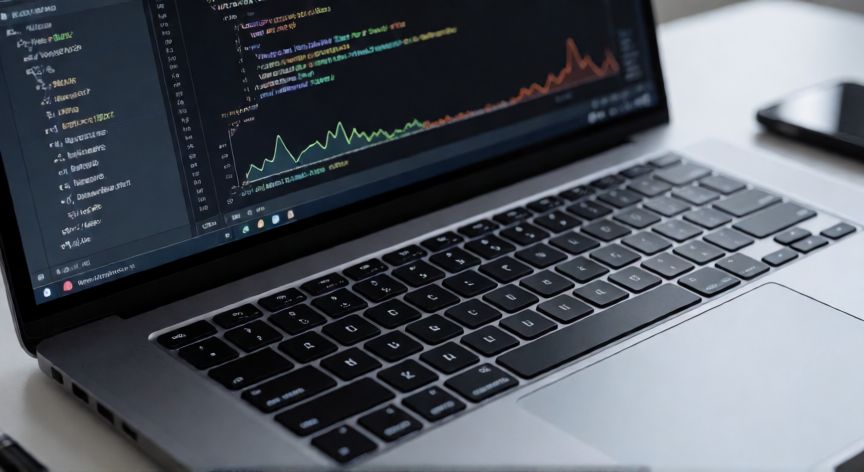 que ordenador comprar para ingenieria, Detalle de un portátil de alto rendimiento mostrando código y gráficos de análisis de datos
