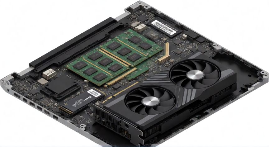 que ordenador comprar para ingenieria informatica, Componentes internos de un portátil con SSD y GPU