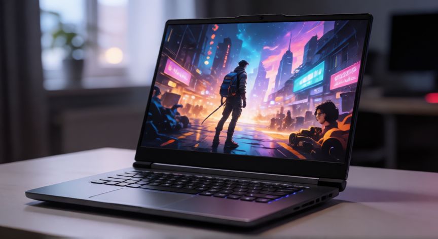 que ordenador comprar para jugar, Portátil gaming abierto mostrando una escena de juego en la pantalla