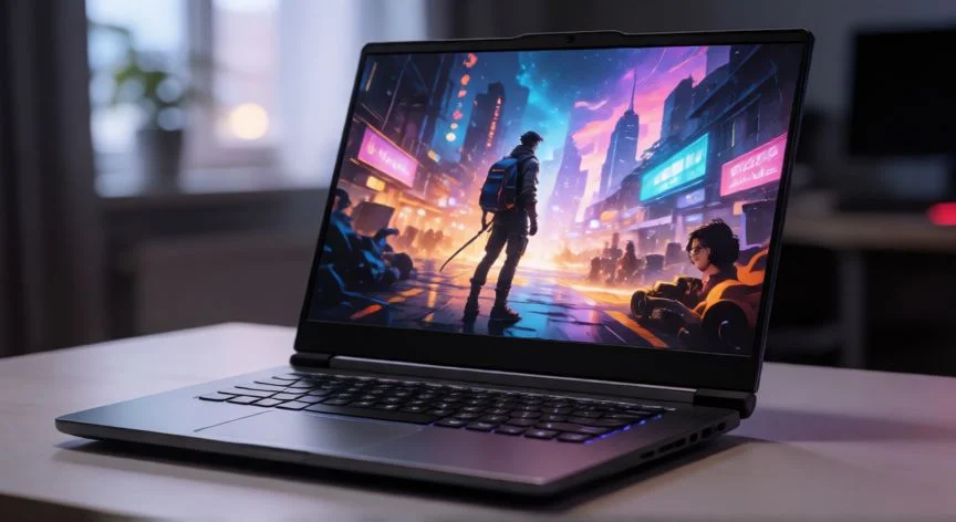 que ordenador comprar para jugar, Portátil gaming abierto mostrando una escena de juego en la pantalla