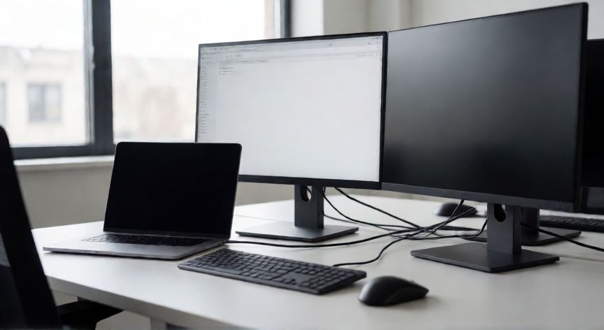 que ordenador dan con el kit digital, Equipo informático de sobremesa con doble monitor en oficina moderna